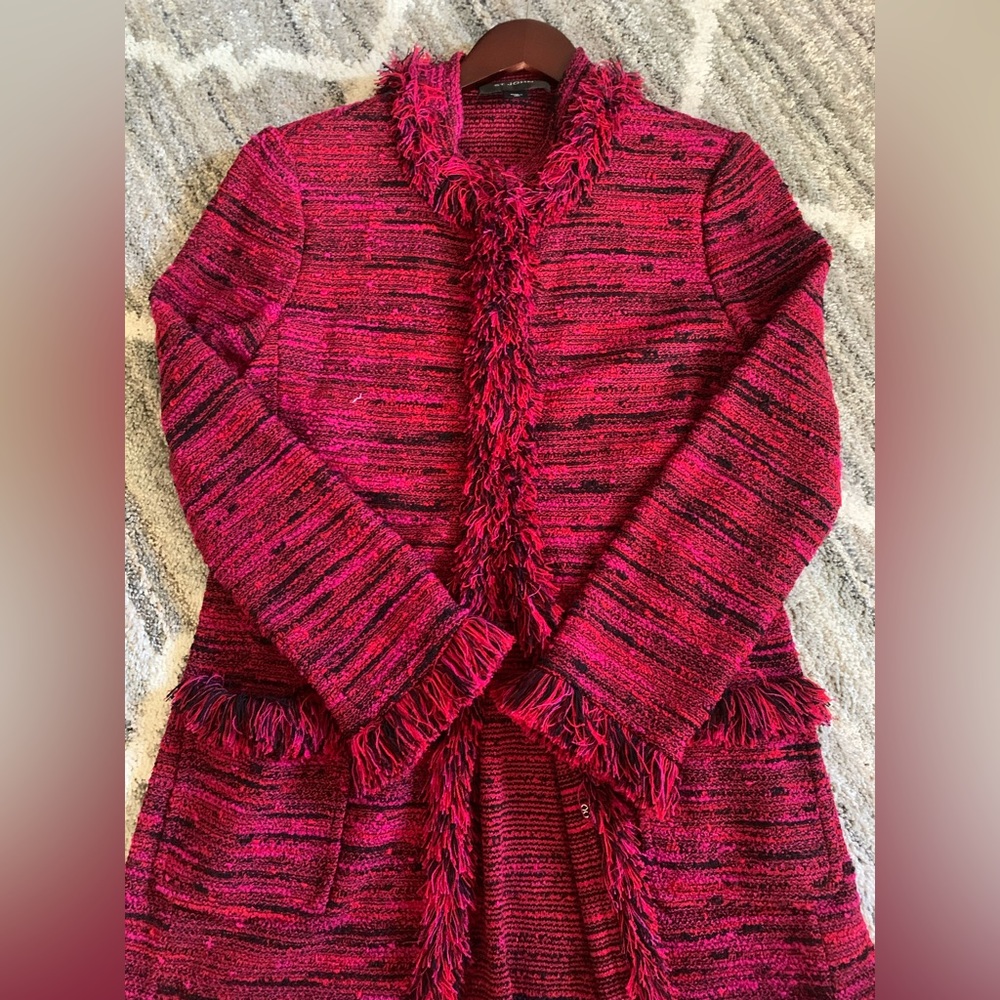 ST. JOHN Red Fringe Tweed Coat